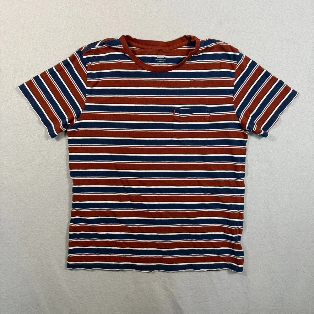 Levis Mens Standard Fit Striped Pocket T Shirt M Navy Rust White Crew Neck